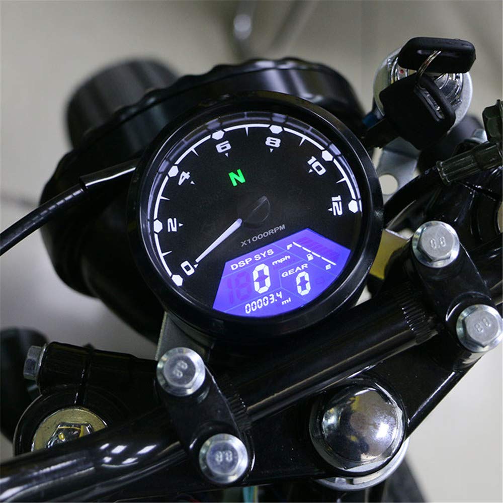 

HANSWD LCD Digital Speedometer Tachometer Odometer with 12000 rpm, 124 MPH/199 km/h for 4-stroke 1/2/4-cylinder Motorcycles