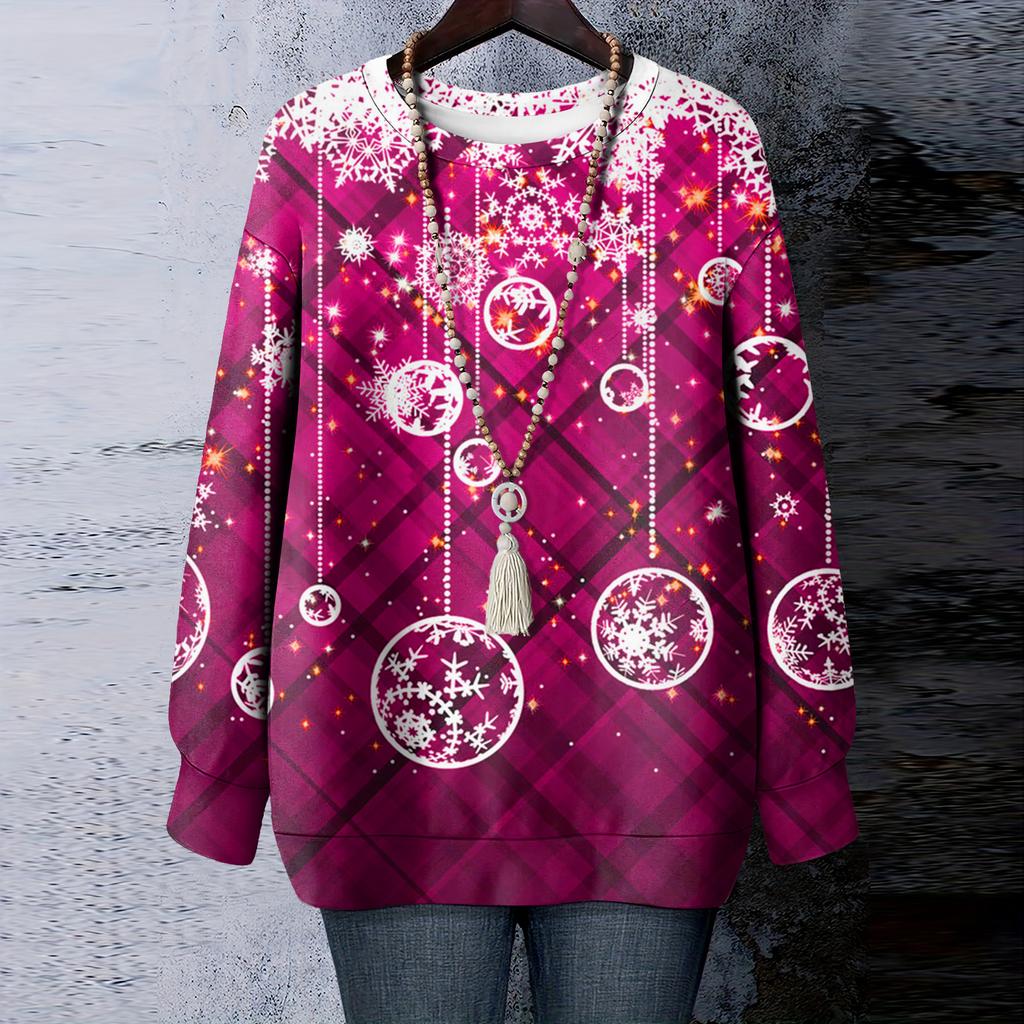 Ladies' Christmas Printed Round Neck Long Sleeved T-shirt Sweatshirt Top