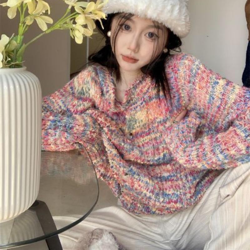 Dámský retro líný duhový pletený kardiganový svetr v japonském stylu jaro a začátek podzimu pletený svetr top