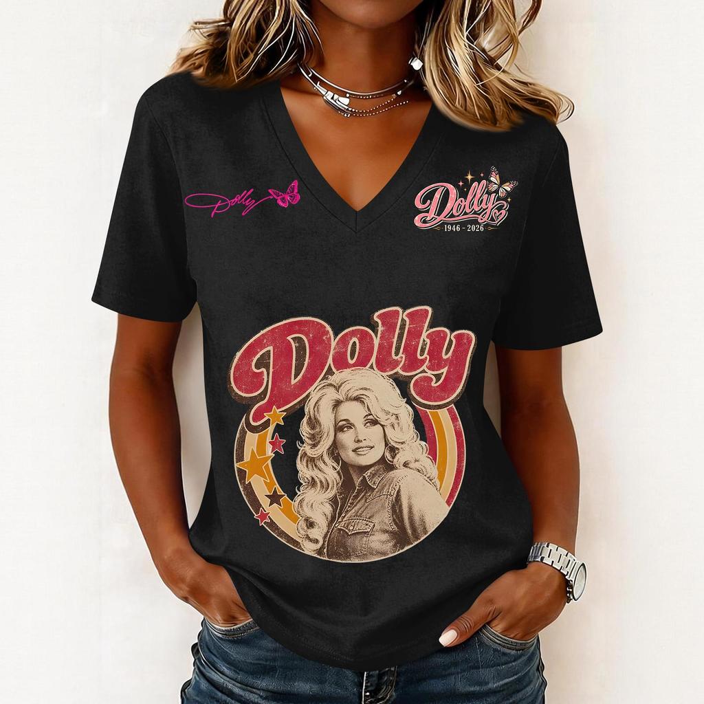 Women's Fashion Casual Letter Print V-Neck Short Sleeve Pullover Top