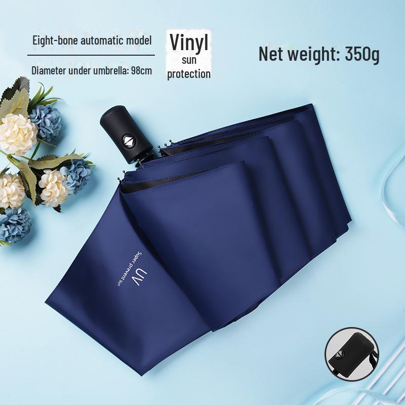 Black 16-Bone Automatic Three-Fold Dual-Purpose Umbrella for Sunny and Rainy Days - Large, Reinforced, Anti-Storm Design.