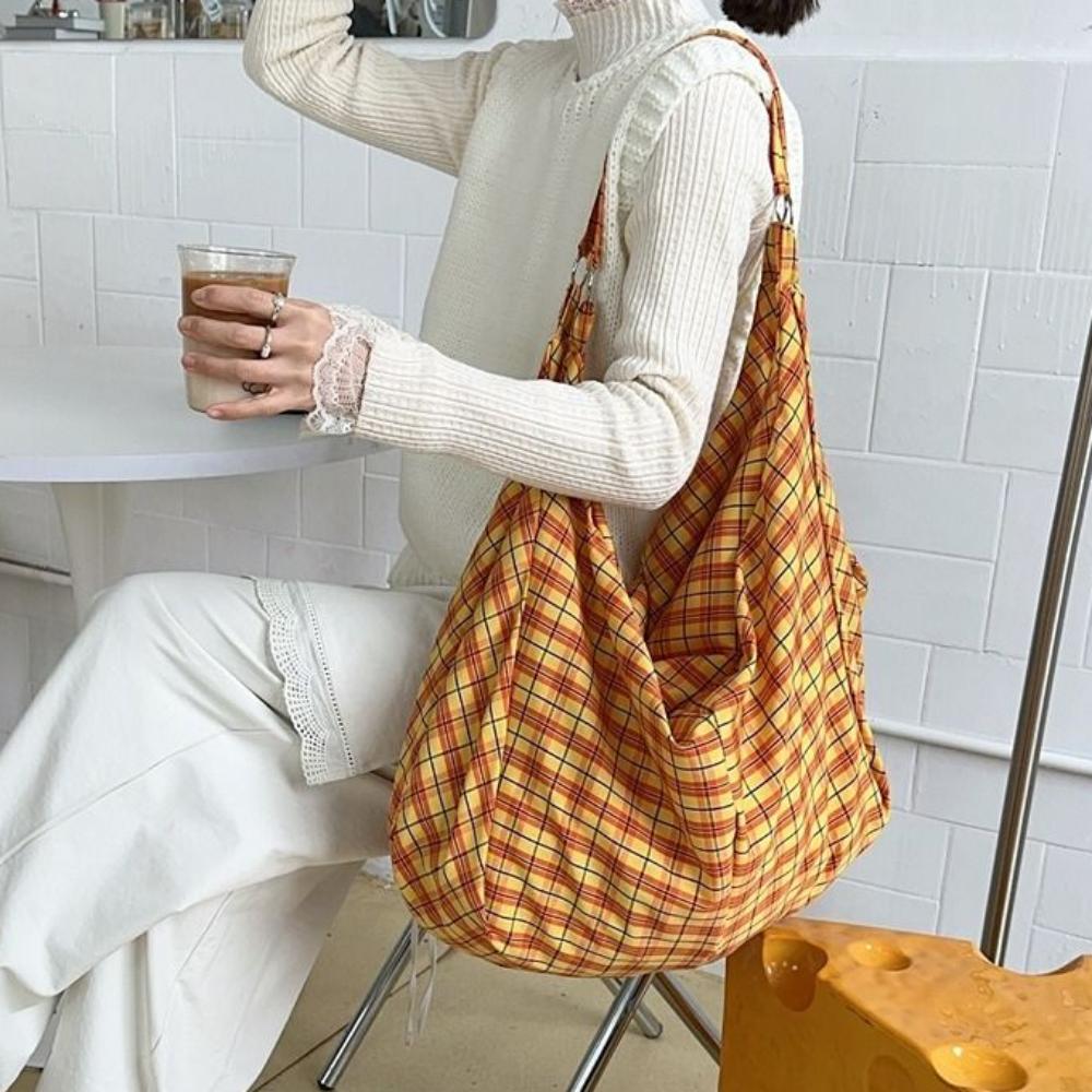 Retro Single-shoulder Bag Plaid Women's Handbag Fashionable Canvas Underarm Bag  Commuting