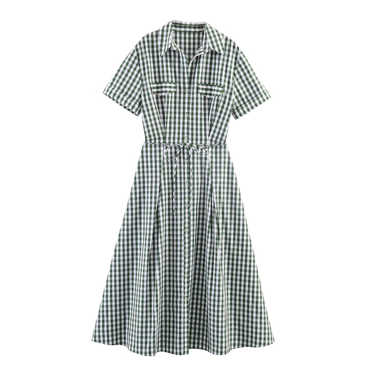 

Cross2026 Women s Spring European & American Style Plaid Shirt Dress with Waist-Cinching Design M