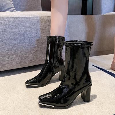 Women's Shoes Mid-Calf Women's Boots Classics Modern Boots Women Sewing Square Toe Side Zip Chunky Heels Shoes Ladies