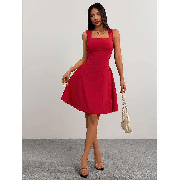 Fashion Solid Color Party Square Neck Backless Mini Slip Dresses 2025 New Elegant High Waist Club Pleated Short Dress