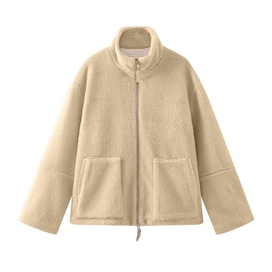 Women's Fleece Jacket Oversized Zip Up Stand Collar Fuzzy Sherpa Coat with Pockets Casual Winter Fall Outerwear