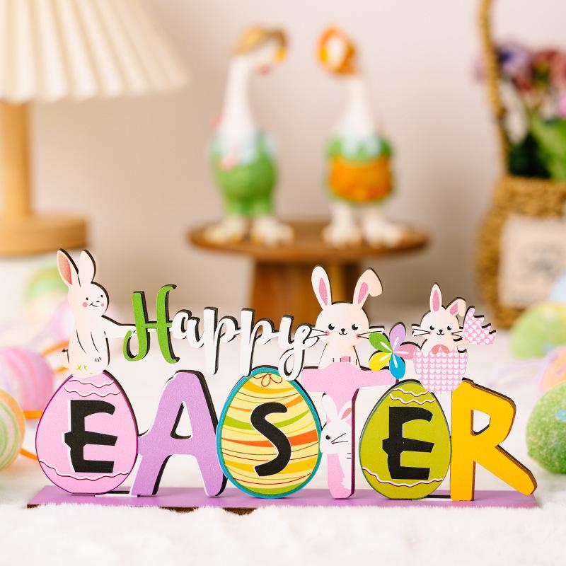 1PC Easter Ornament Rabbit Ornament Purple Wood Letter Decorative Egg Tabletop Ornament