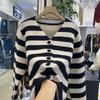 Striped Knitted Cardigan Women Autumn Winter Fashion Contrasting Color Retro V-neck Gentle Style Sweater Jacket Top