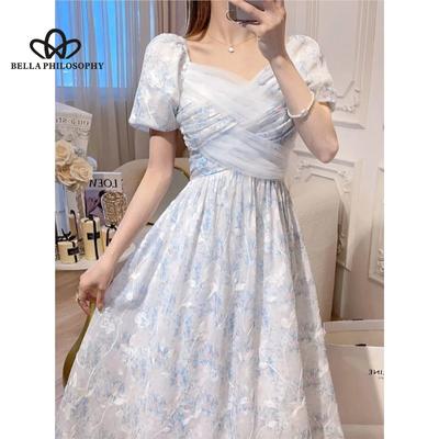 Abito estivo nuovo stile francese retrò elegante a maniche corte Elegante abito lungo con maniche a sbuffo con stampa di fascia alta