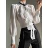 Deeptown White Ruffles Elegant Vintage Women Blouses Black Y2k Victorian Gothic Long Sleeve Stand Collar Shirts Loose Preppy
