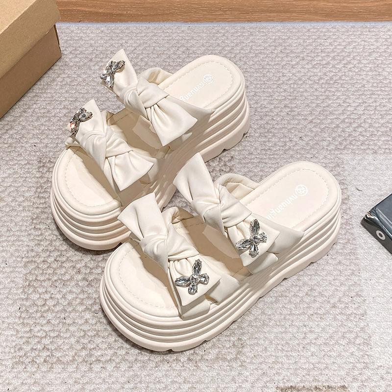 Fashion Women High Platform Butterfly-knot Slippers New 2025 Summer Beach Ladies 8.5CM Wedge Heels Shoes Woman Outside Chunky Sandals