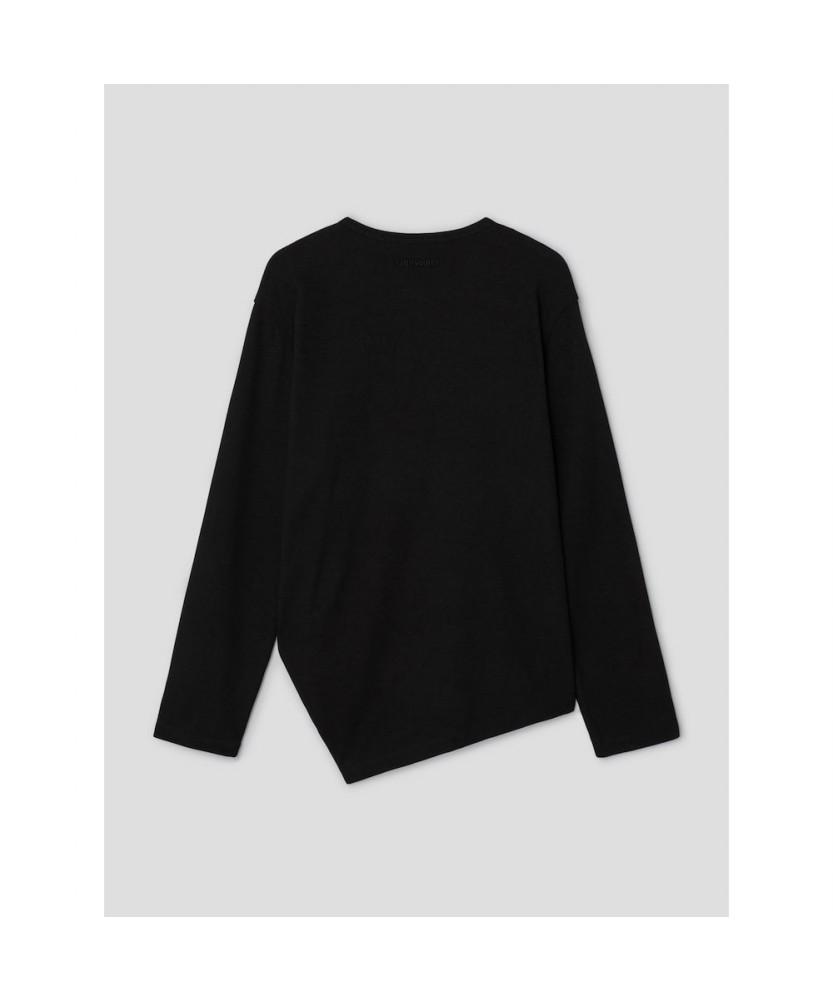Saendeusaundeu (Unisex) Twisted Waffle Henley Neck Long Sleeve T-Shirt Black