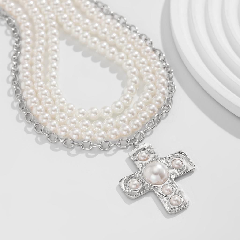 Tooxika Breezy Cross Alloy Pendant Chain French Elegant Pearl Beaded Necklace