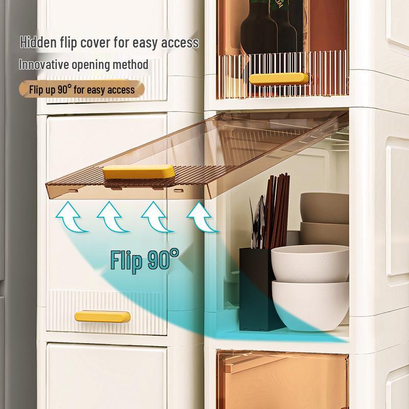 Plastic Bathroom Floor-Standing Multi-Layer Storage Cabinet with Flip-Up Shelf