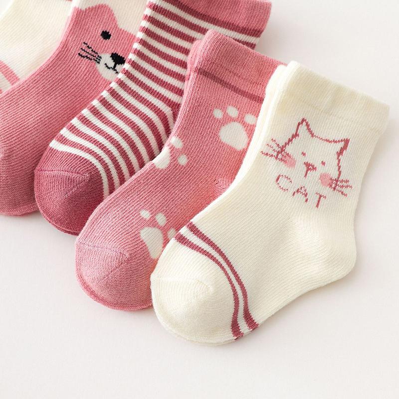 5 Paare/Los Baby Cartoon Socken Frühling Herbst Kleinkind Warme Mittelhohe Socken Niedliche Katze Fußabdruck Gestreifte Kinder Mädchen Socken
