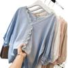 Top de gasa con encaje y cuello en V estilo coreano - Manga corta holgada para mujer
