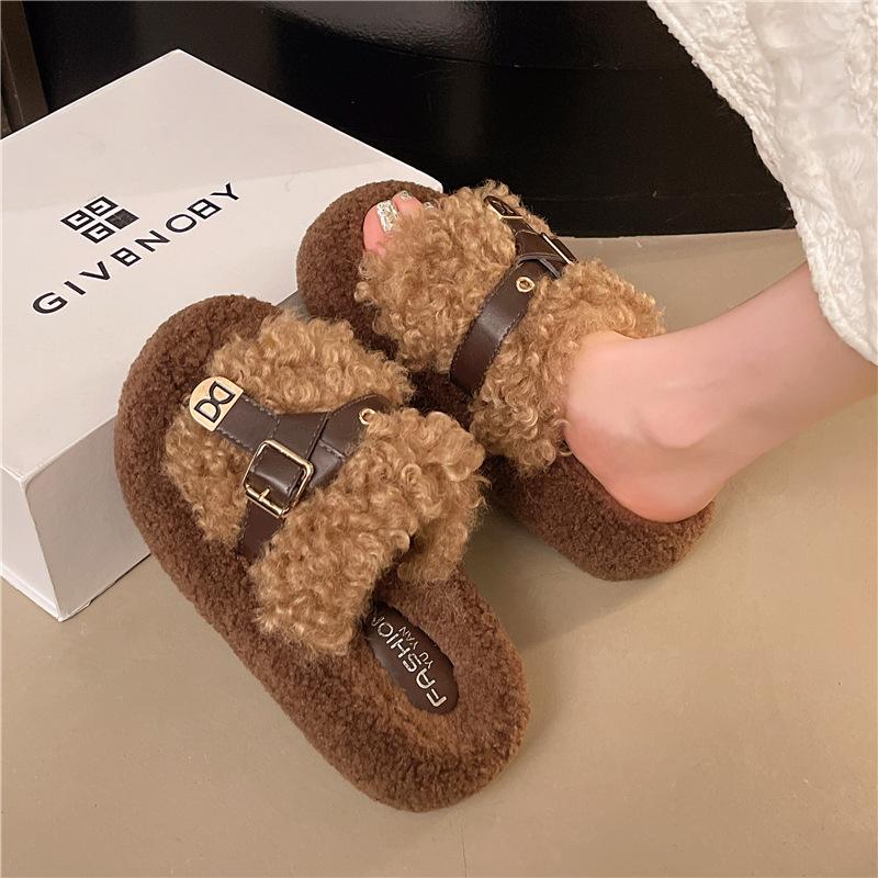 Fluffiga tofflor med tjock sula för dam ytterkläder 2025 höst ny mode bältesspänne lata vardagliga teddy lockiga tofflor