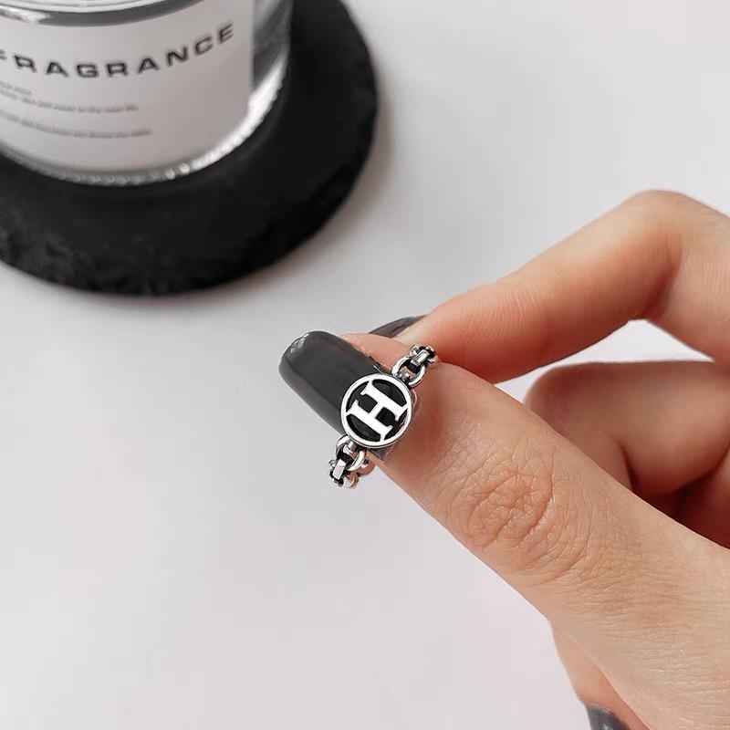 Chao Xiaobai 925 Sterling Silver Adjustable Smiley Face Ring - Women s Fashionable H Letter Niche Design