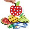 Montessori-style Wooden Stringing Toy with Fruit Designs, Featuring a Caterpillar and Apple Maze. Perfect for Toddlers, Girls, and Boys. Ideal for