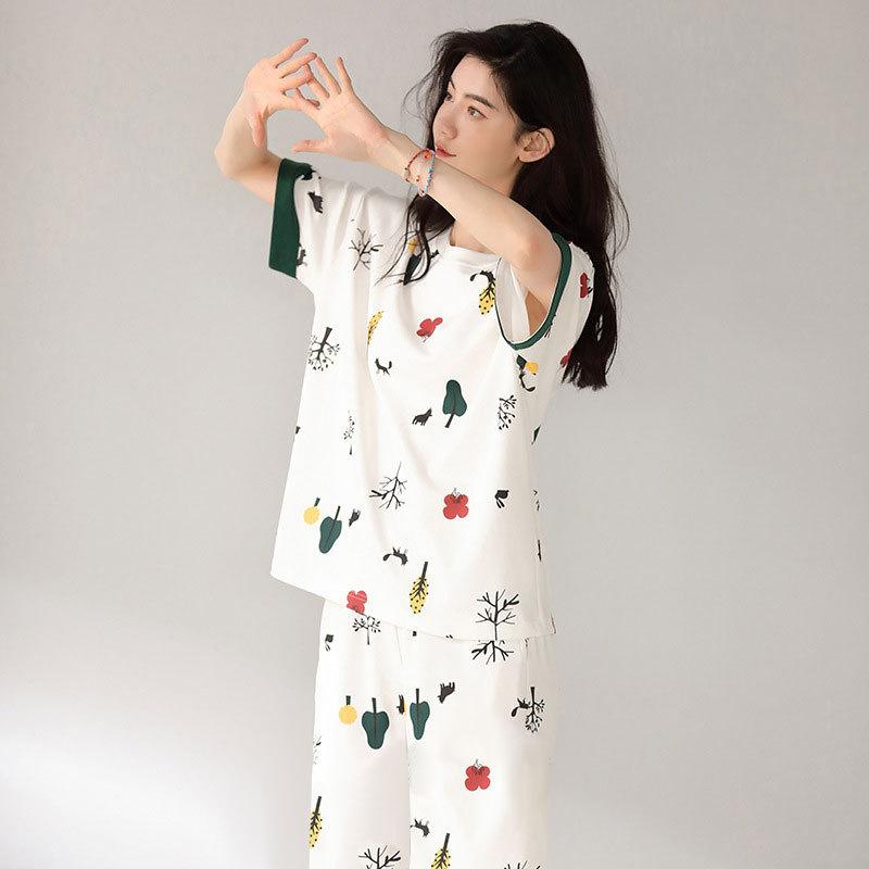 Summer short-sleeved fresh plaid pants simple casual pajamas women's breathable loose loungewear set