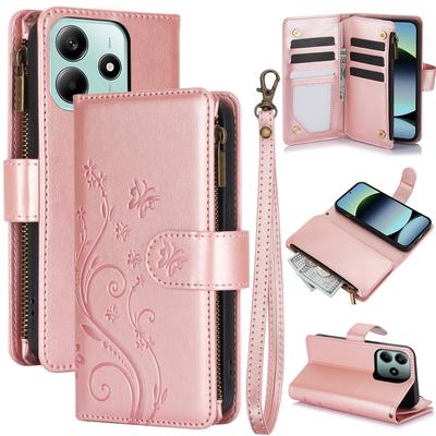 Zipper Cards Solt Wallet Leather Case For Xiaomi Redmi Note 14 Pro Plus 13 13C Embossed Flower and Tree  Book Flip Stand Cover