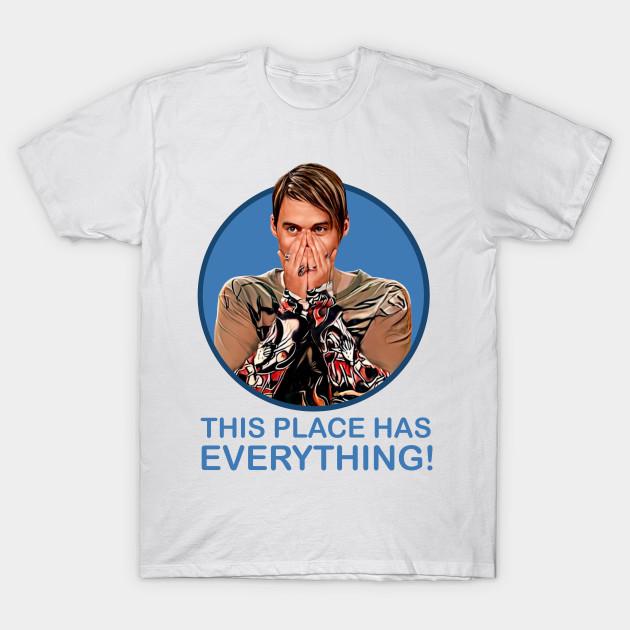 

Men Black Print T-shirt Stefon - This Place Has Everything No-Cut Transfer Paper Print Cotton Tshirt 4XL