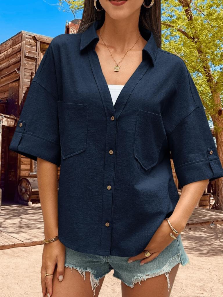 Women's Button Down Collared Blouse V Neck Cotton Short Sleeve Loose Top