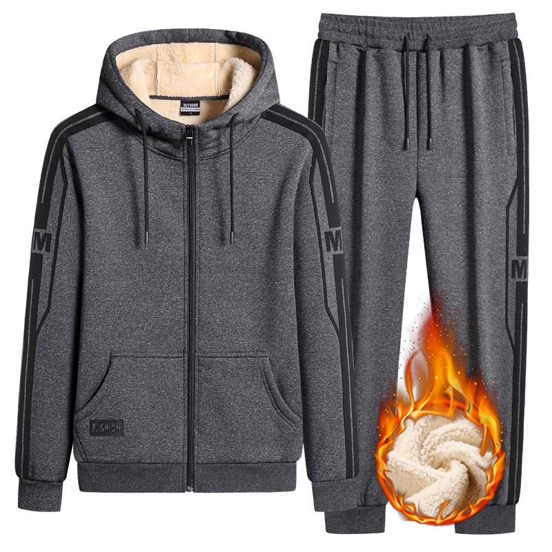 Autumn and Winter Leisure Sports Hooded Jacket Trousers Plus Velvet Thickening Trend Long-sleeved Suit Plus Fertilizer To Increase Lamb Velvet