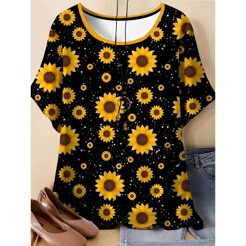 Plus Size - Women s Plus Size Flower Sunflower Floral Pattern - Printed T-Shirt - Soft Stretchy Shirt, Machine Washable Everyday Summer Top S