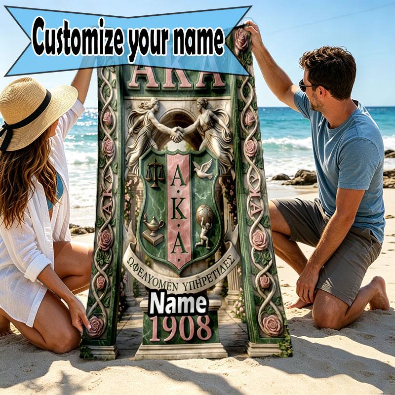 Custom Name Personalized Alpha Kappa Alpha Print Beach Towel, for Trip Camping Beach Party Home Decor, Birthday Gift for Family & Friends