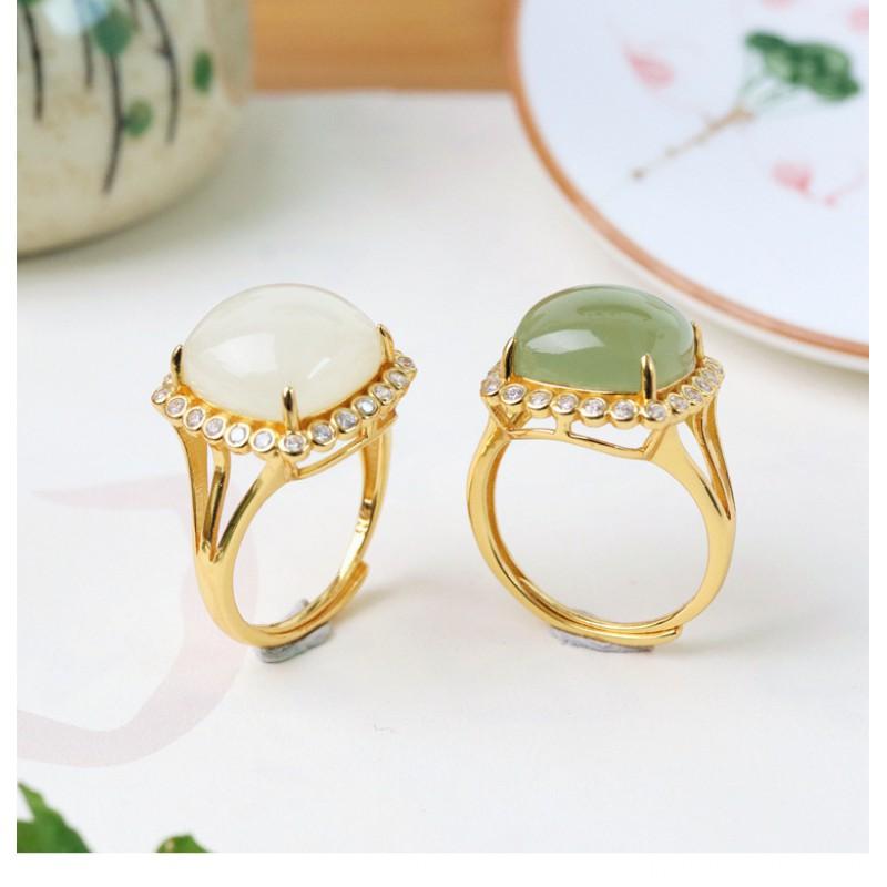 Adjustable Square Geometric Ring Women Men Copper Plated Gold With Jadeite White Jade Minimalist Vintage Style