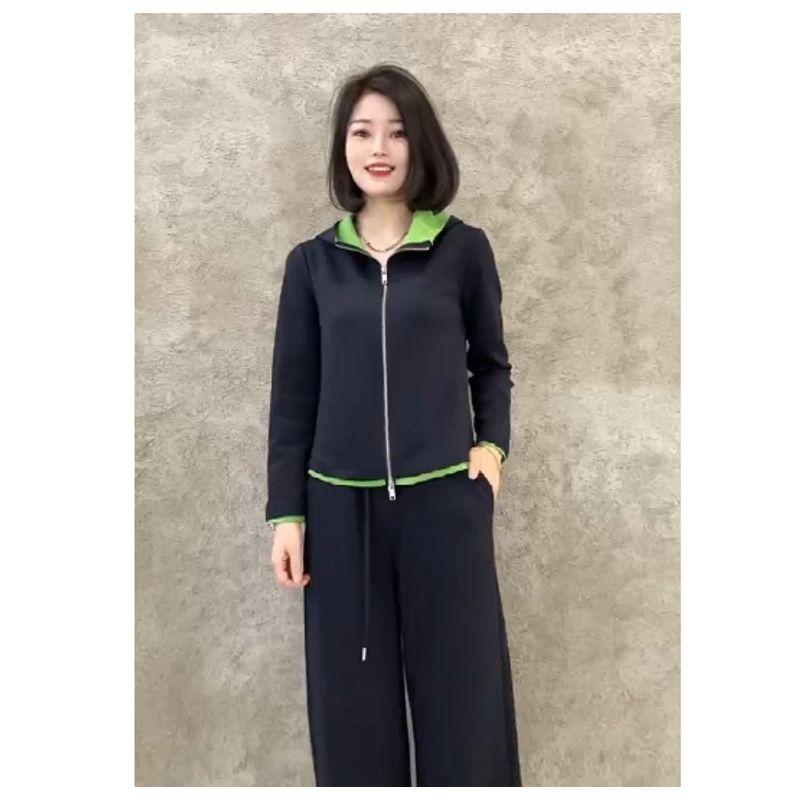 

Export Daily Order Casual Sports Suit! Women s Color Matching Import Brocade Cotton Hooded Splicing Coat + Pants Micro Wide Leg Dark Blue 3XL recommend 75.00kg