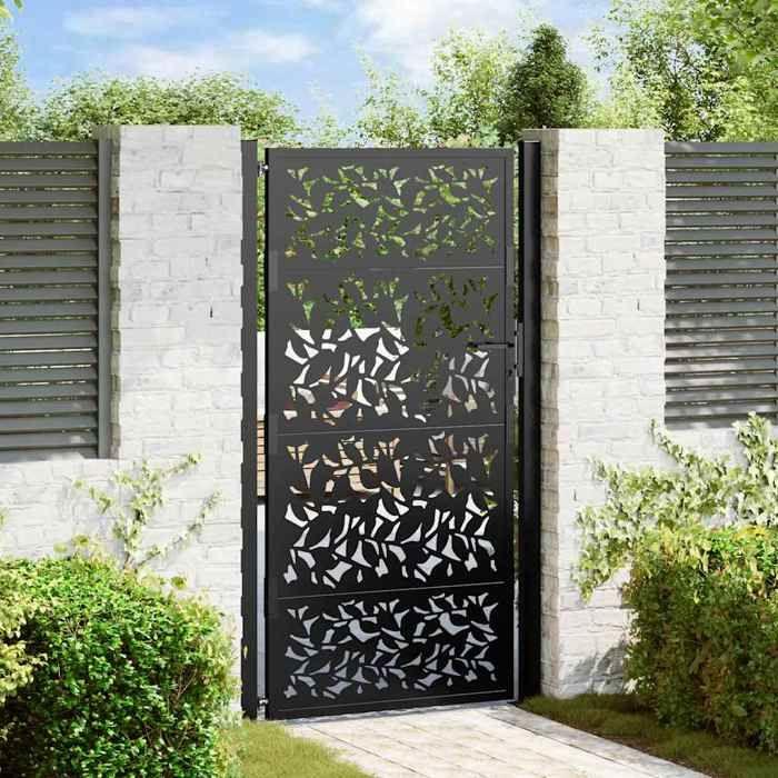 VidaXL Portail de jardin noir 105x180 cm acier conception de feuilles, porte de clôture, porte extérieure, porte en métal, 4100962