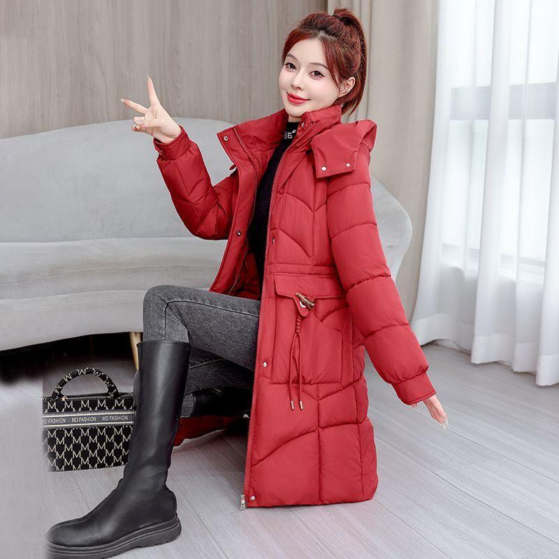 Damen Winter Schlank geschnittener Mittellanger Daunenmantel Dicke Warme Baumwoll-Pufferjacke mit Taillenraffung