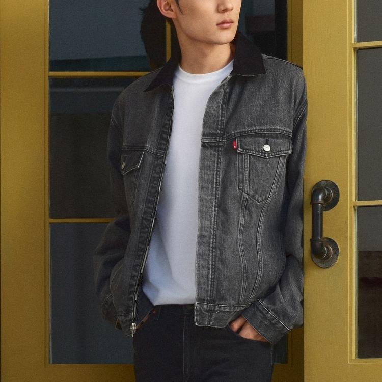 Levis Vintage Solid Color Lapel Zipper Loose Long Sleeve Denim Jacket Men jackets Gray 002I4-0000