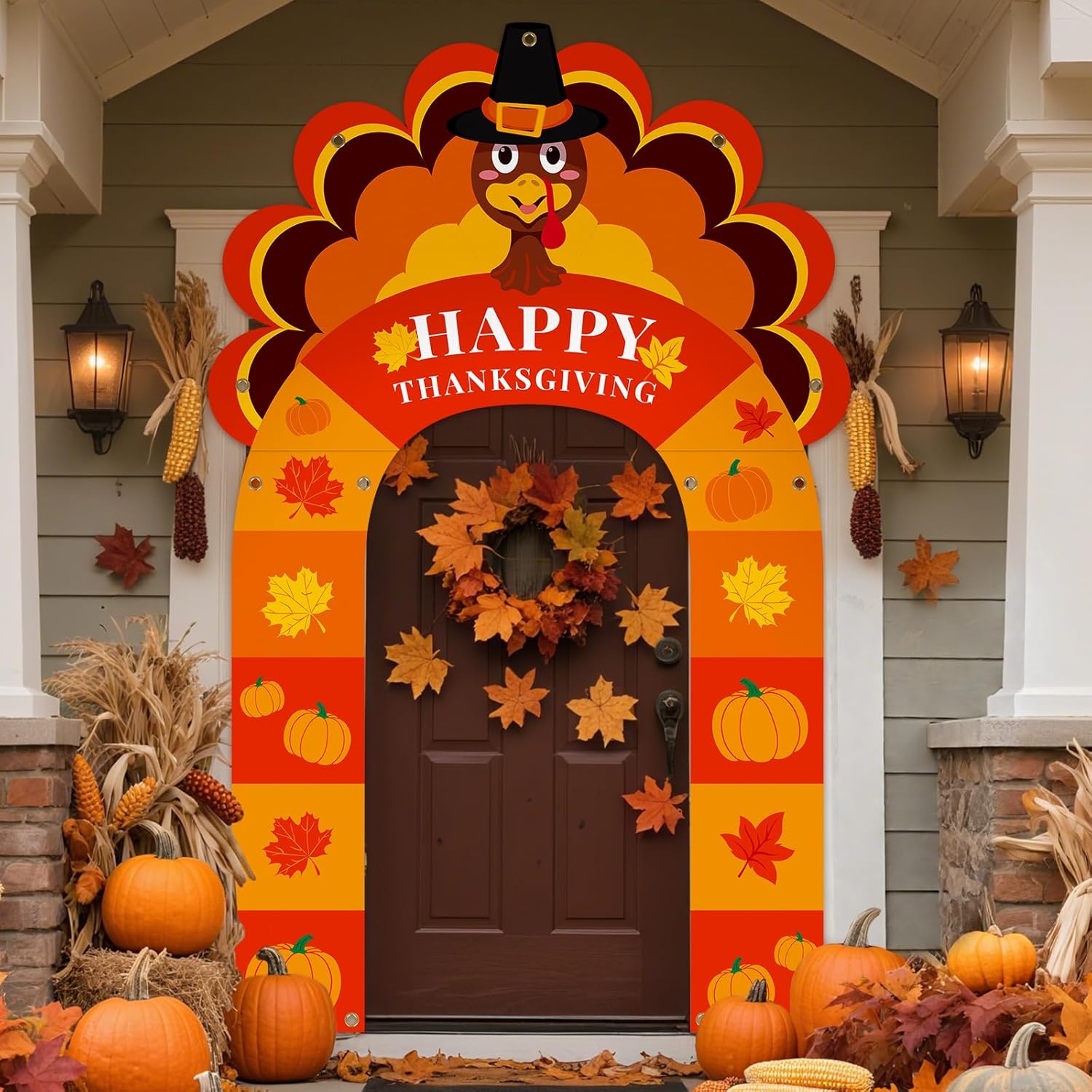 Thanksgiving Turkey Party Porch Banner Fall Pumpkin Maple Leaf Turkey Door Banner Arch Thanksgiving Decorations Archway Porch Sign Photo Backdrop Turkey