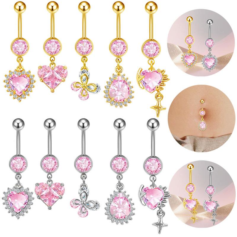 Fashion Pink Crystal Crown Belly Button Rings Stainless Steel Long Pendant Butterfly Heart Navel Piercing For Women Jewelry