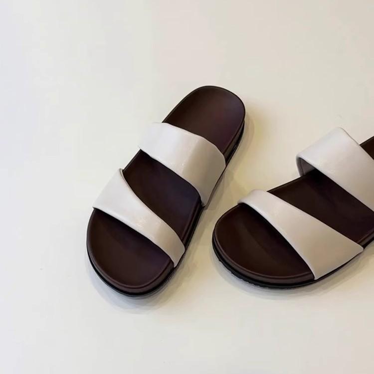 Soft Leather Version~ Summer New Niche Thick-soled One-word Cool Slippers for Women's Outer Wear Cover-toe Casual Beach Flat-bottomed Slippers for W