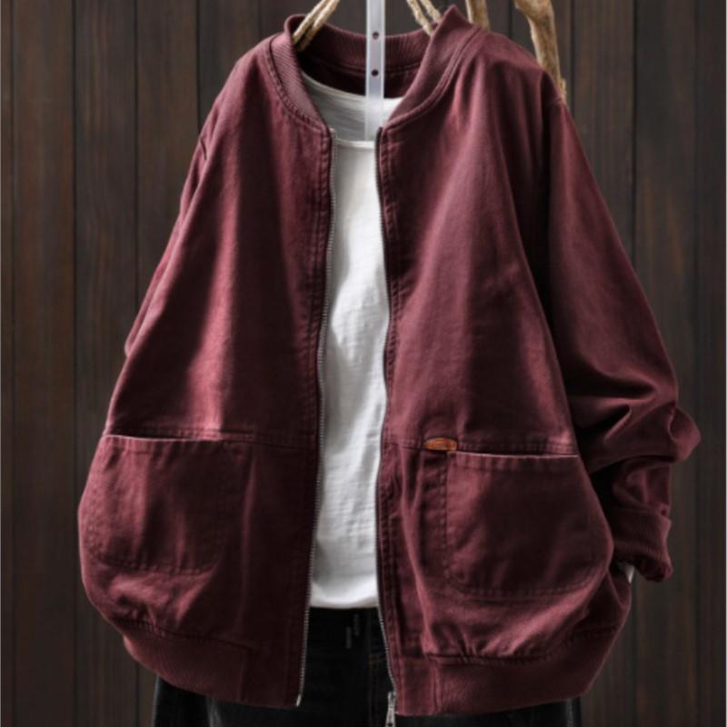 Johnature Women Vintage Jackets Solid Color Stand Long Sleeve Coats Autumn Zipper Loose Casual Pockets Jackets