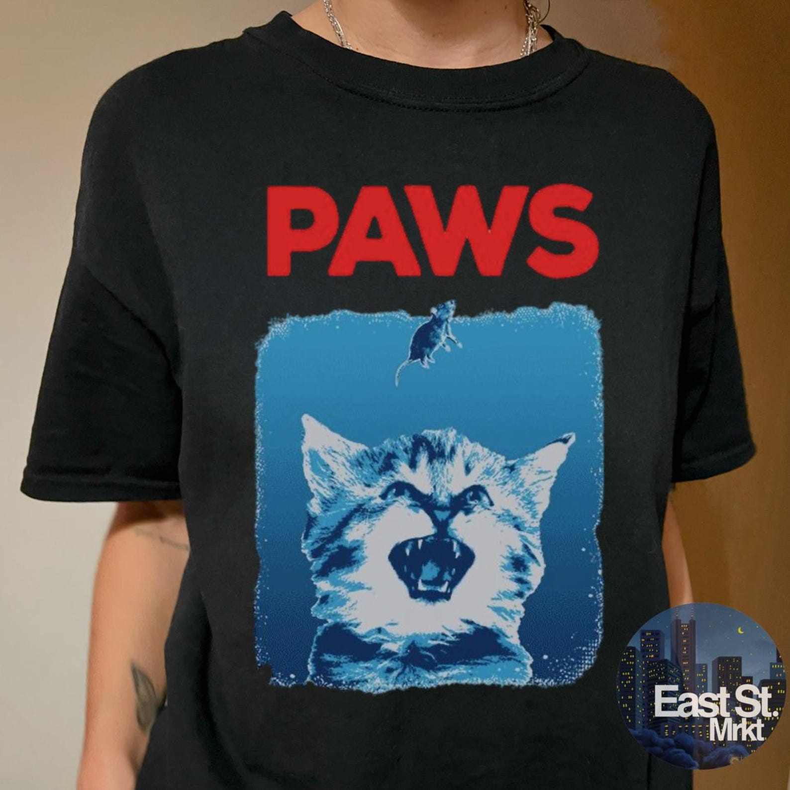 PAWS Classic Graphic Tee: Vintage Movie Style Funny Cat T-Shirt 4XL