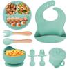 Silikon-Baby-Fütterset, 8 Teile, inklusive Saugnapf, Schüssel, Lätzchen, Löffel, Gabel und Trinklernbecher