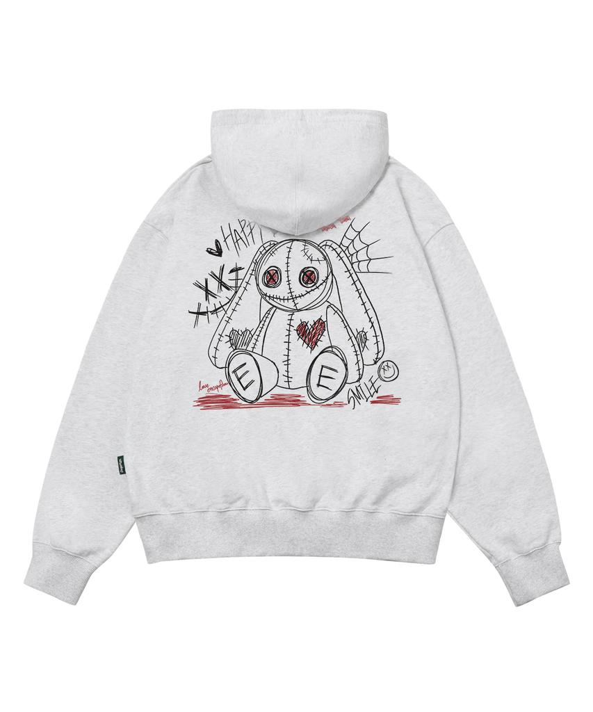 Escapefrom Happy Smile Rabbit Print Two-Way Zip-Up Hoodie White Melange
