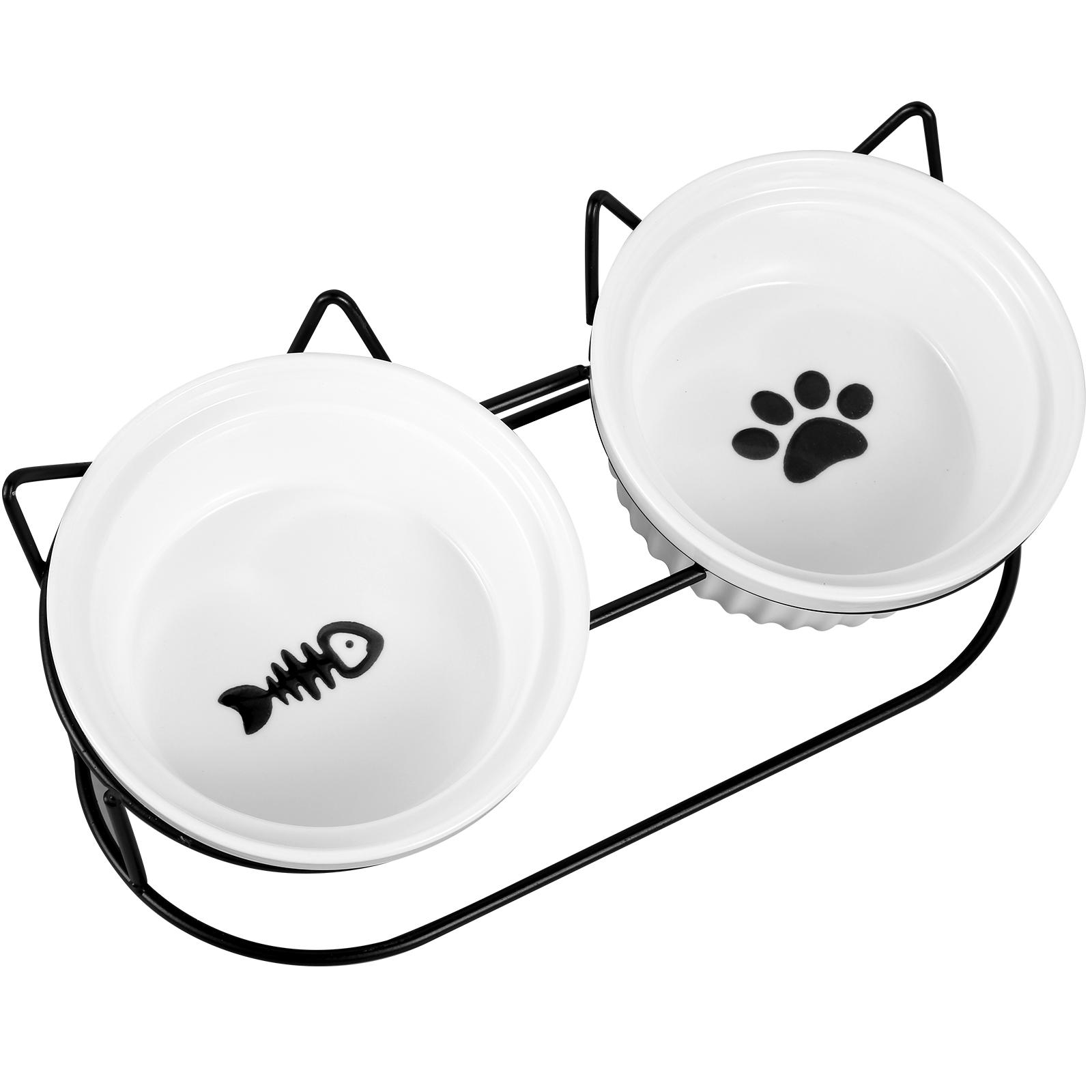 

Cat Bowls Tilted Double Ceramic Pet Bowls with Metal Tilted Raised Stand Anti Vomiting Cat Dish Feeder Pets Food Bowl for Puppy 1 Set белый