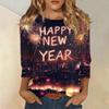 Christmas-themed Women's New Year Printed Round Neck Long-sleeved T-shirt, Festive Black and White Casual Loose Top