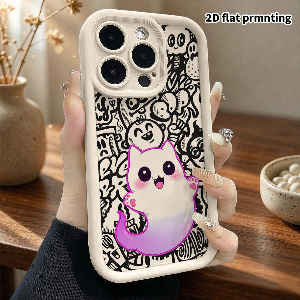 Phone case: 2D flat design suitable for iPhone 18 17 16 15 14 13 Pro tiered protective case, ghost cat, Christmas and Halloween holiday gift