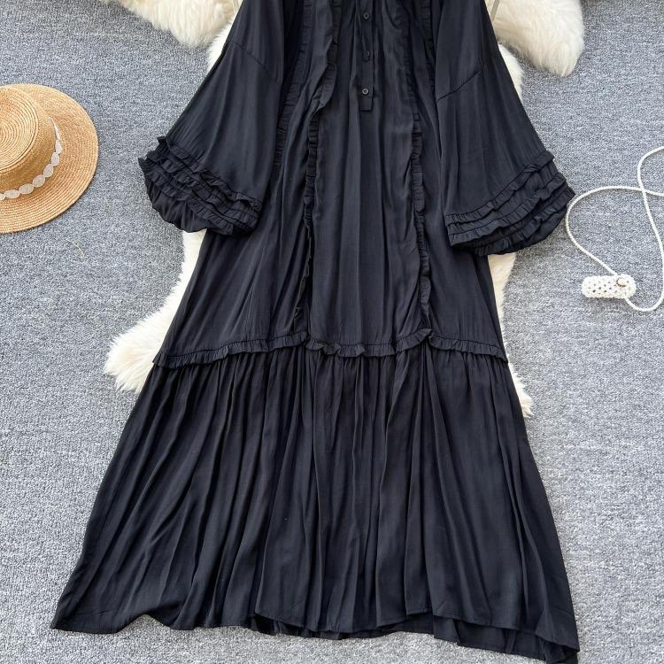 Lanterna Vintage Allacciatura Ruffle Vestito Maniche Lunghe Elegante Ampio Scollo O Moda Coreana High Street Abbigliamento Donna