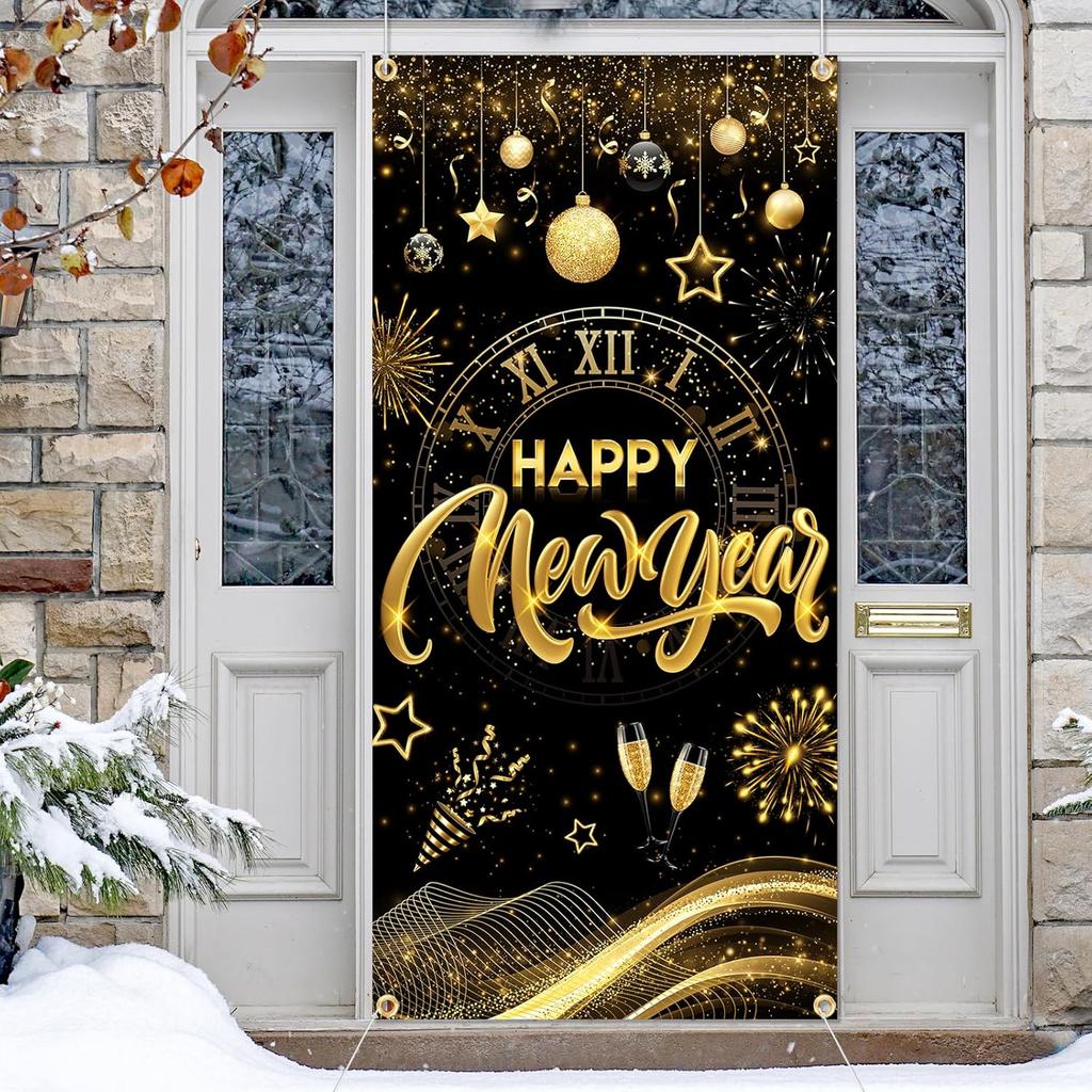 New Years Decorations 2026 Door Cover, Black and Gold Happy New Year Door Banner NYE Front Porch Hang Door Cover, NYE Door Banner for New Year Eve