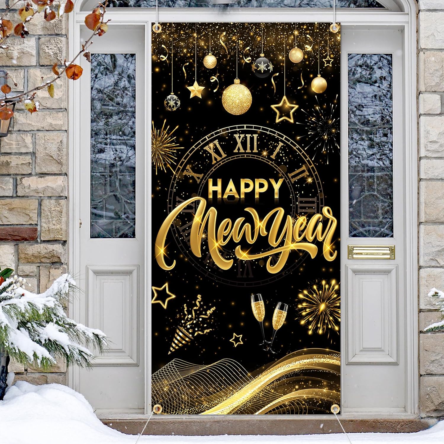 

New Years Decorations 2026 Door Cover, Black and Gold Happy New Year Door Banner NYE Front Porch Hang Door Cover, NYE Door Banner for New Year Eve