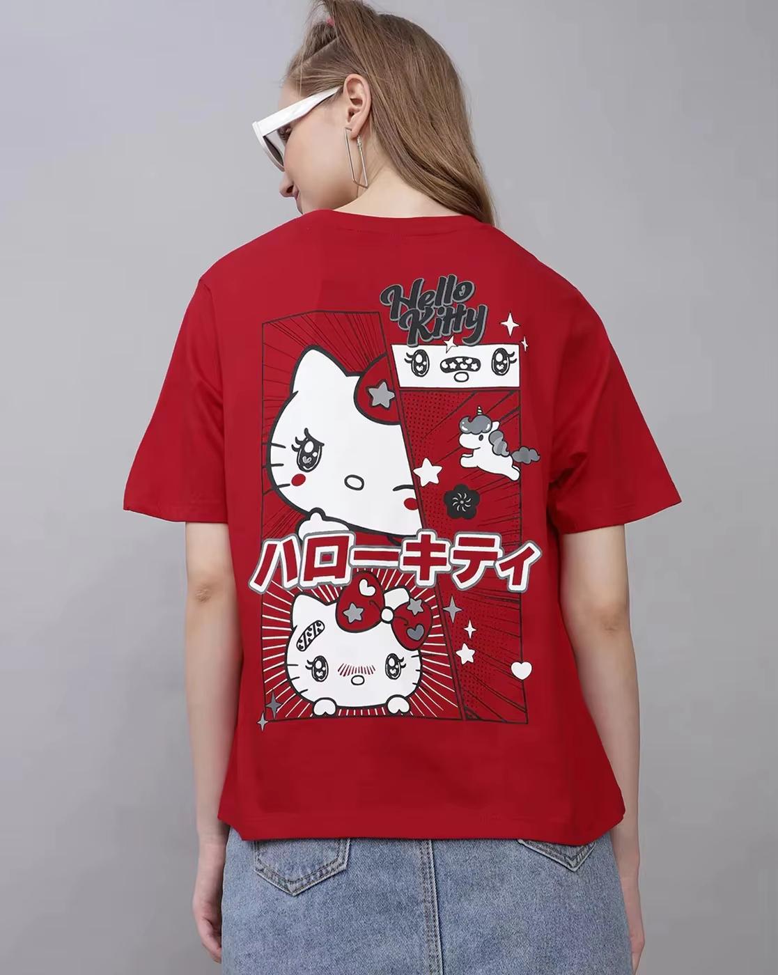 

2026 new Summer HelloKitty Cartoon Graphic Tee Casual Short Sleeve Cotton Tops for Adults Kids Lovely Kawaii Streetwear Style S
