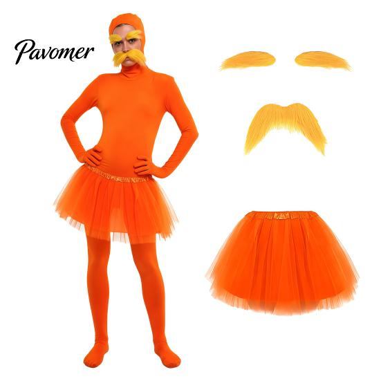 Halloween Party Jumpsuits Orange Full Bodysuit, with Tulle Skirt, Fake Belly, Yellow Mustache & Eyebrows, Cosplay Outfit Open Face Zentai Suit,